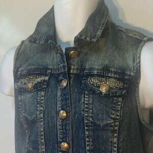 Back in the Saddle SZ S Blue denim jean vest distressed gold tone studs